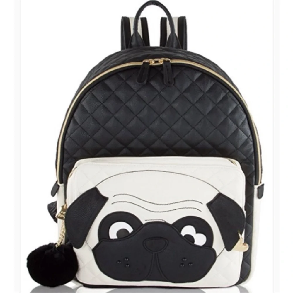 Betsey Johnson Puppy Dog Black & Tan Pug Design Quilted Dog Backpack Bag Purse - Picture 5 of 5